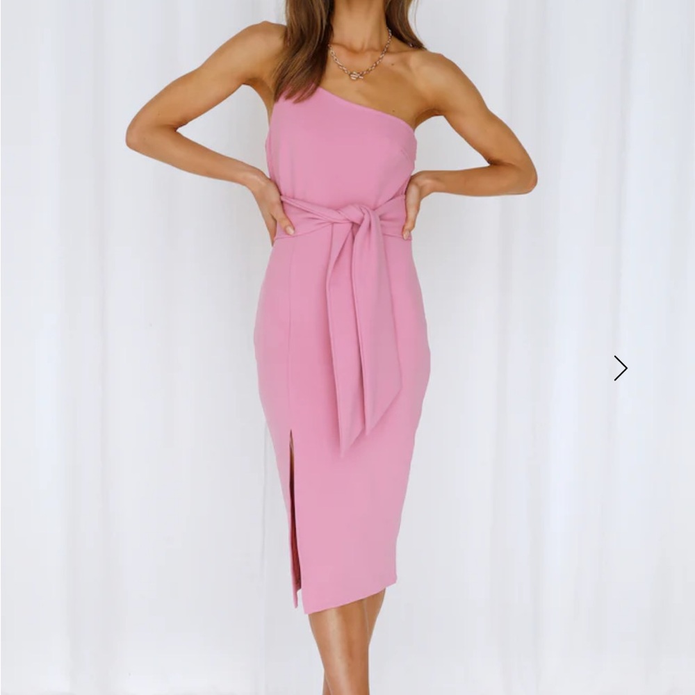 Hello Molly Rose Pink One-Shoulder Midi Dress with Waist Tie
